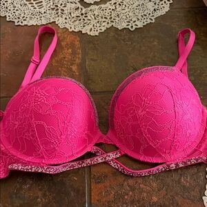 Victoria's Secret Bright Pink Lace Push-Up Bra with Rhinestone Band